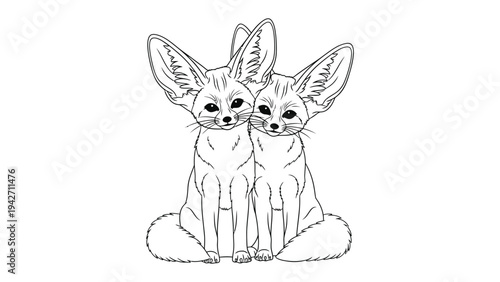 Two Fennec Foxes, Line Art Illustration: A charming black and white line art illustration features two adorable fennec foxes sitting close together, their characteristic large ears perked up.