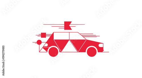 Red Car with Geometric Patterns and Motion Lines.