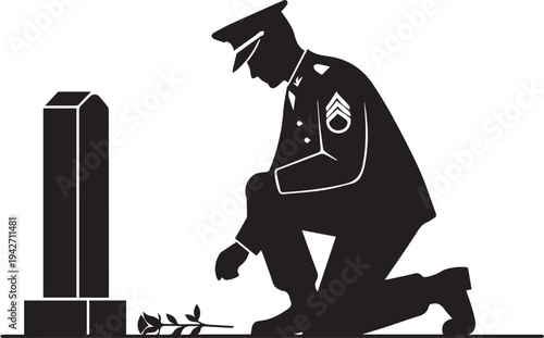 Soldier kneeling at tombstone with flower, vector silhouette illustration line art