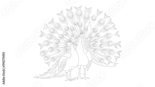 Majestic Peacock Display: An exquisite line art illustration captures a peacock at the peak of its glory, showcasing its magnificent tail feathers, a testament to nature's artistry.