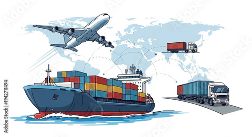 Global Shipping Cargo Ship Truck Airplane.