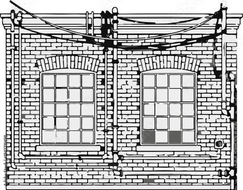 Stylized illustration of an old brick building facade with two windows and external pipes