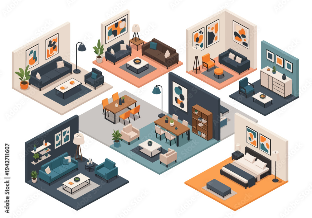 Obraz premium Cozy Isometric Living Room and Bedroom Interior Design Set