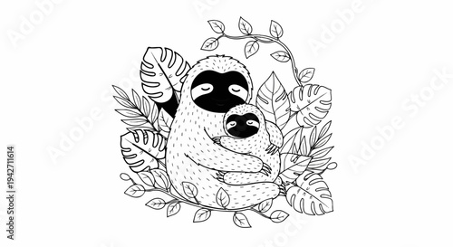 A mother sloth and baby embrace amidst tropical leaves in a drawing