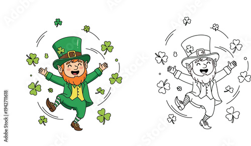 St Patricks Day dancing leprechaun cartoon character surrounded by shamrocks. Color and black outline coloring book page vector illustration.