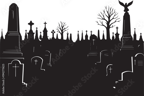 Spooky graveyard vector silhouette illustration line art on transparent background