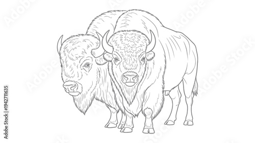Outlined Bison Pair: Two magnificent bison are outlined, their powerful forms and curved horns showcasing wild nature in a vector design on a background.