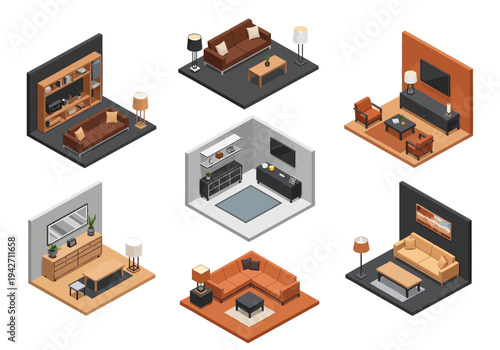 Isometric living room interior design options with modern furniture and decor