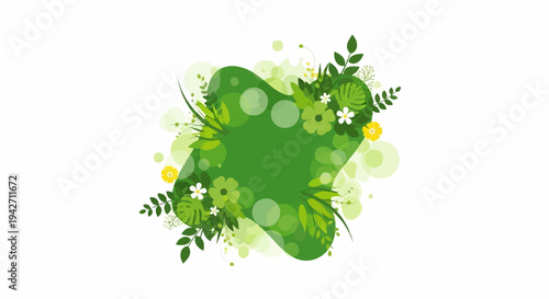 A green amorphous shape surrounded by lush green leaves and delicate yellow and white flowers