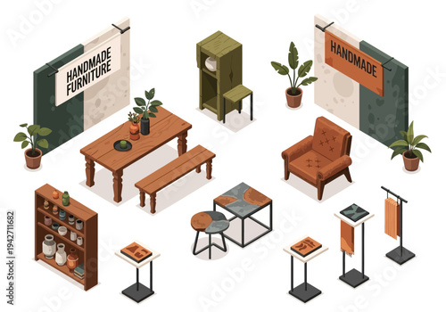 Isometric furniture collection for home and office, handmade wooden pieces and decorative plants