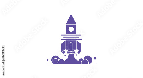 Purple Rocket Launching into Space with Smoke Trails.