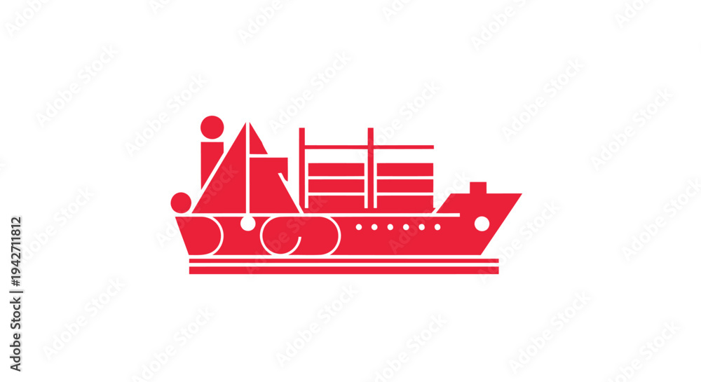 Naklejka premium Red Cargo Ship Silhouette with Containers and Crane.