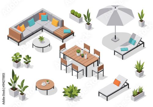 Isometric set of outdoor furniture and plants for garden and patio decoration