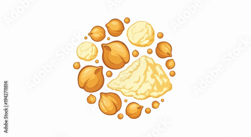 A circular arrangement of chickpeas and chickpea flour on a white background