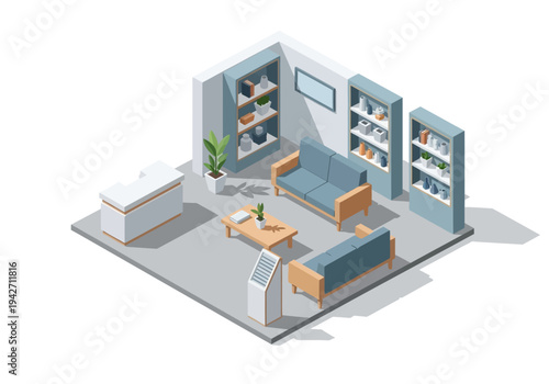 Isometric 3D Interior Design of a Modern Retail Store or Showroom with Shelving and Seating