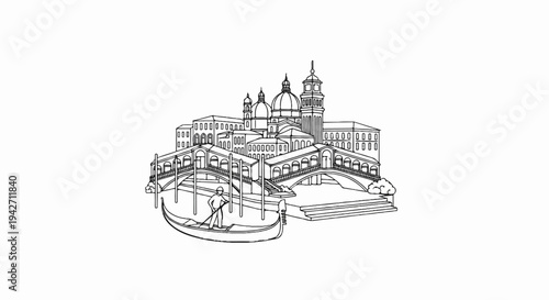 A black and white sketch shows a famous bridge with buildings and a gondola