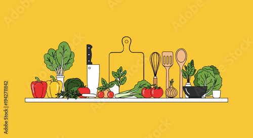 Whimsical arrangement of fresh produce and kitchen utensils on a yellow background