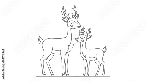 Deer Family Illustration: Charming line art depicts a parent deer and their offspring standing side by side, evoking a sense of family and love. 