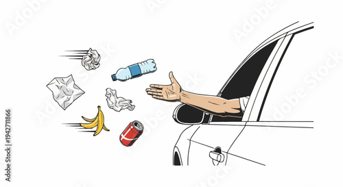 Car window opens, scattering trash, littering the environment, causing harm