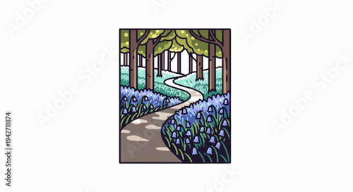 Winding path through a forest filled with bluebell flowers
