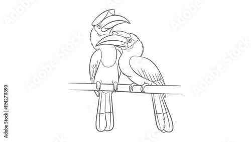 Toucans on a Perch: Two toucans, with their distinctive large beaks, are perched together on a branch, their forms outlined with elegant simplicity.