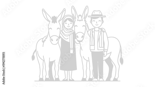 Christmas Nativity Scene: A charming hand-drawn illustration depicts Joseph and Mary with two donkeys, representing the humble beginnings of the nativity story.