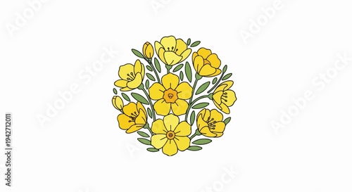 Circular arrangement of yellow flowers with green leaves