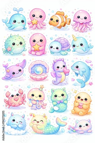 Cute Kawaii Sea Animals and Fantasy Creatures Collection Cartoon Illustration