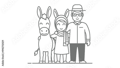 Family and Pet: A heartwarming illustration features a family with a charming donkey, capturing the essence of togetherness and companionship. It is a graphic resource with a focus on simplicity.