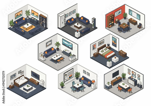 Isometric room illustrations showcasing modern interior designs and furniture arrangements
