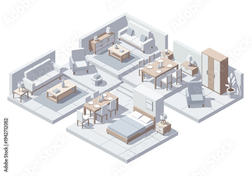 Isometric interior design visualization of different room layouts and furniture arrangements
