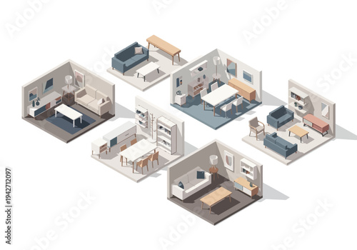 Isometric interior design concepts showcasing diverse living spaces with furniture and decor