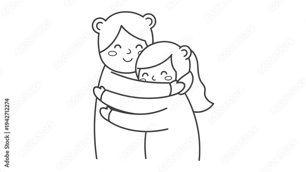 Obraz premium Tender Embrace: A heartwarming illustration of two individuals sharing a tender hug, conveying warmth, comfort, and love through simple, clean lines and joyful expressions.