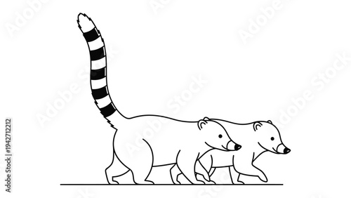 Coati Family Outing: A minimalist illustration captures a mother and child coati, their striped tails held high, taking a stroll together in a harmonious bond.