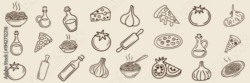 A collection of various food and cooking related icons on a beige background