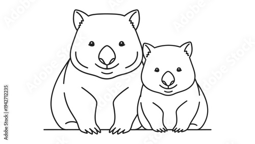 Cozy Wombat Duo: A heartwarming illustration of a mother wombat and her joey, their gentle smiles and close embrace embodying the beauty of familial love. 