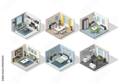 Isometric interior design views of modern living spaces, bedrooms, and dining rooms