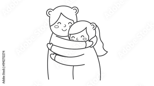 Tender Embrace: A heartwarming illustration of two individuals sharing a tender hug, conveying warmth, comfort, and love through simple, clean lines and joyful expressions.