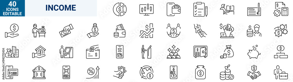 Fototapeta premium Income web icons in line style. Accounting, payment, bank, investment, commission, work, tax, collection. Editable stroke. Vector illustration.
