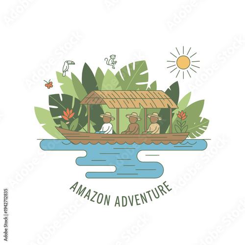 Amazon River Boat Adventure with Tropical Flora and Fauna.