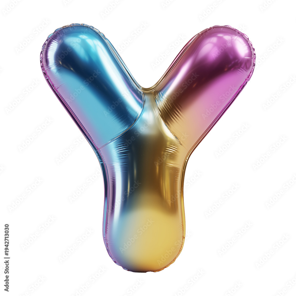 Fototapeta premium Multicolor metallic inflated balloon letter Y shown in glossy style isolated on white background, celebration and festive concept