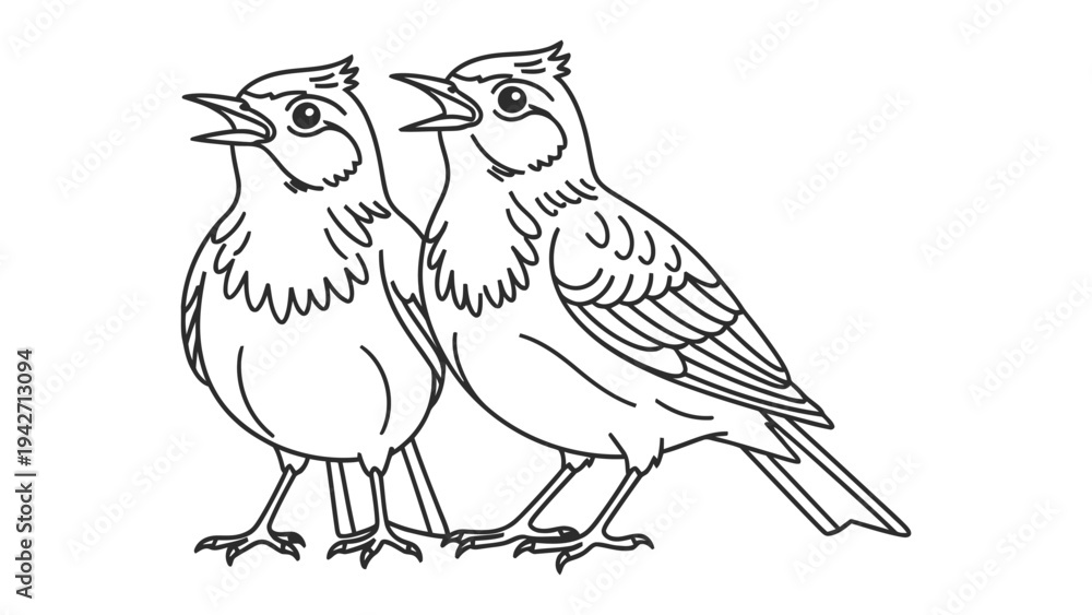 Obraz premium Birds Singing: A sketch capturing two birds with open beaks, harmonizing in song against a clean backdrop, creating a simple yet charming scene.
