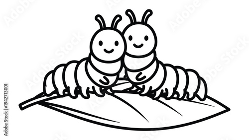 Caterpillar Companions: Two cheerful caterpillars, symbolizing growth and friendship, nestle on a single leaf. A whimsical and endearing illustration evoking themes of companionship.