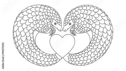 Heartfelt Pangolin Harmony: Two pangolins, intertwined in an embrace that forms a heart, illustrating love and connection, perfect for conveying themes of unity and affection.