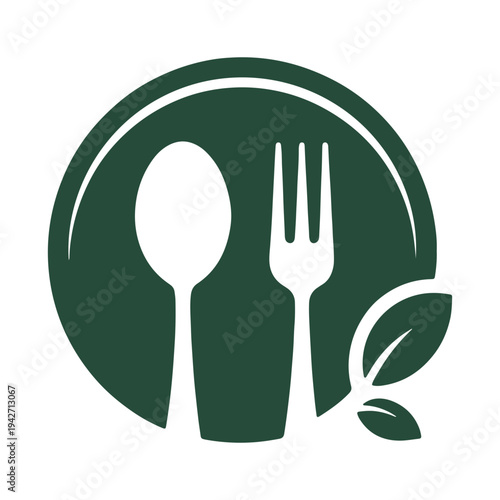 Eco-friendly dining symbol featuring fork, knife, and leaf inside a circle