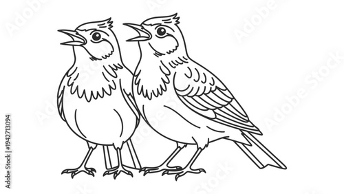 Birds Singing: A sketch capturing two birds with open beaks, harmonizing in song against a clean backdrop, creating a simple yet charming scene.