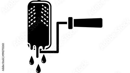 Black paint roller with dripping paint icon, monochrome vector illustration of paint tool for home renovation, interior decorating, construction and DIY design
