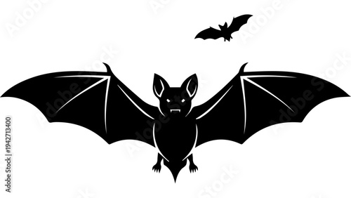 Black bat silhouette with wings spread, flying bat and hanging bat icons, spooky Halloween animal vector illustration isolated on white background