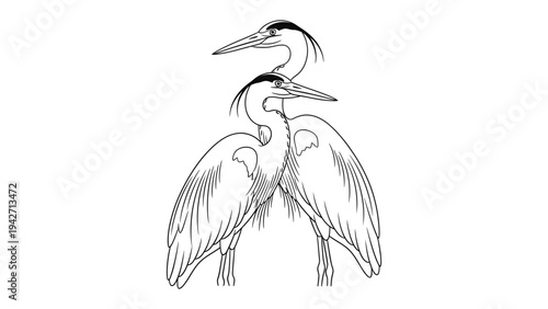Crane Couple Illustration: Elegant linear illustration depicting a pair of cranes standing closely together, rendered in a sophisticated and minimal black-and-white style.