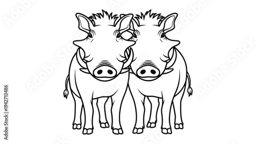 Two wild boars illustration: A bold black and white illustration of two fierce wild boars, standing side by side. with a strong emphasis on lines and form.